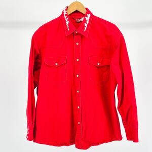 UNIQUE 90s Marlboro Red Denim Twill Jacket w Pearl Snap Buttons + White Flames